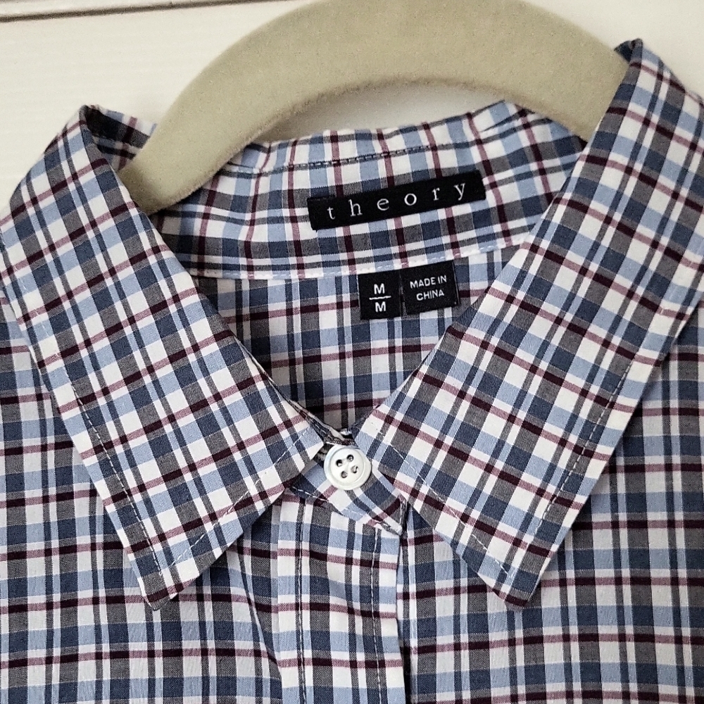 Theory Brisinda blue and dark red plaid shirt